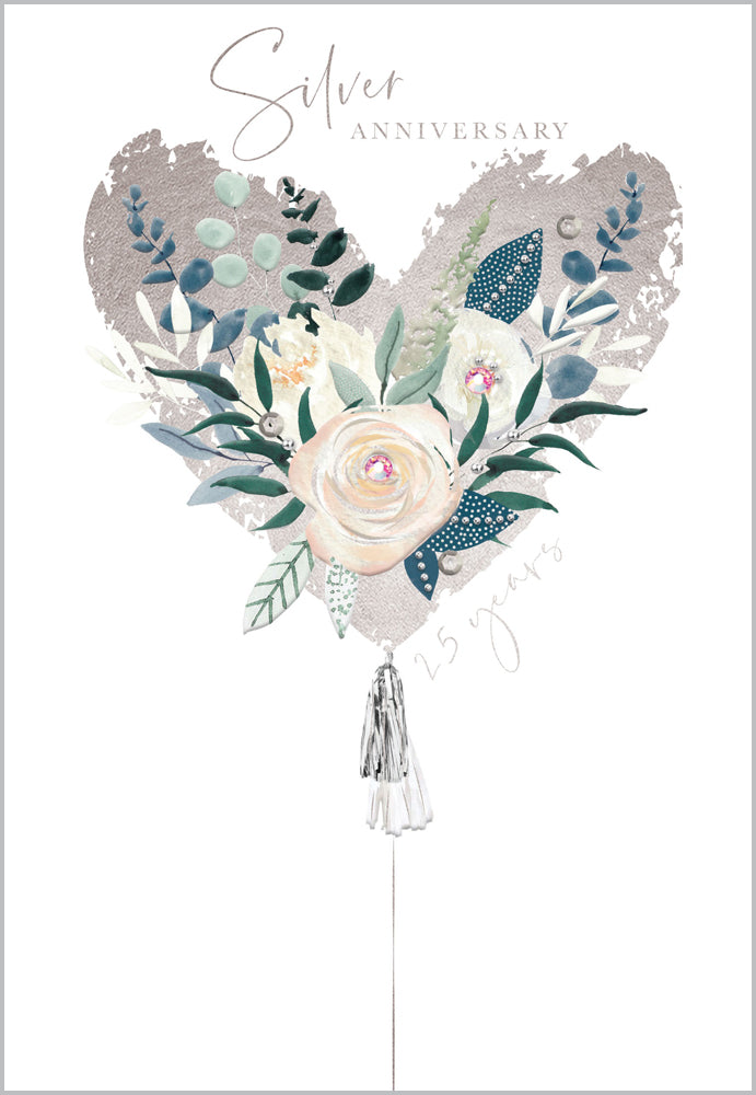 Silver 25th Anniversary Card - Floral Heart