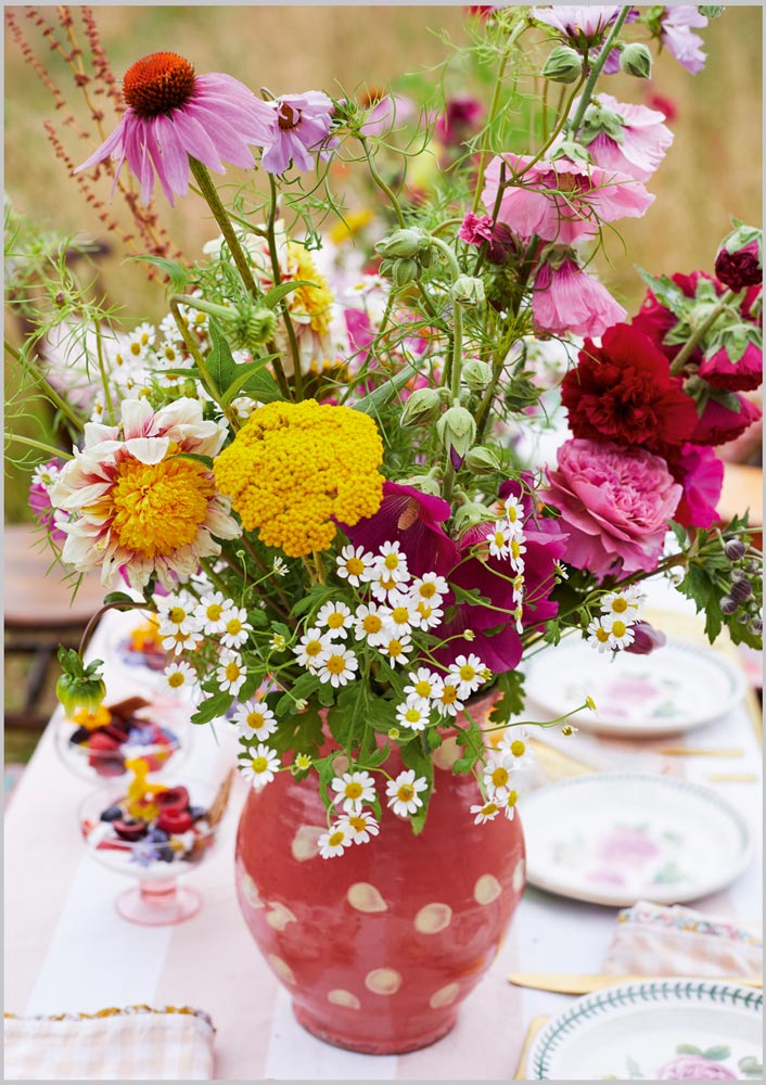 Summer Blooms in Red Spotted Vase